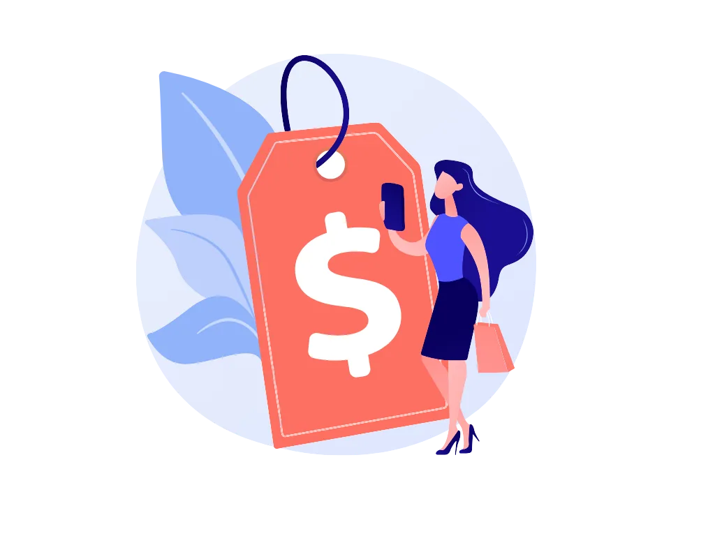 Une illustration d'une femme avec un sac à main regardant un téléphone à côté d'une grande étiquette de prix avec un symbole dollar, entourée de feuilles bleues, cela symbolise que c'est la page qui concerne les tarifs des massages à Nice.